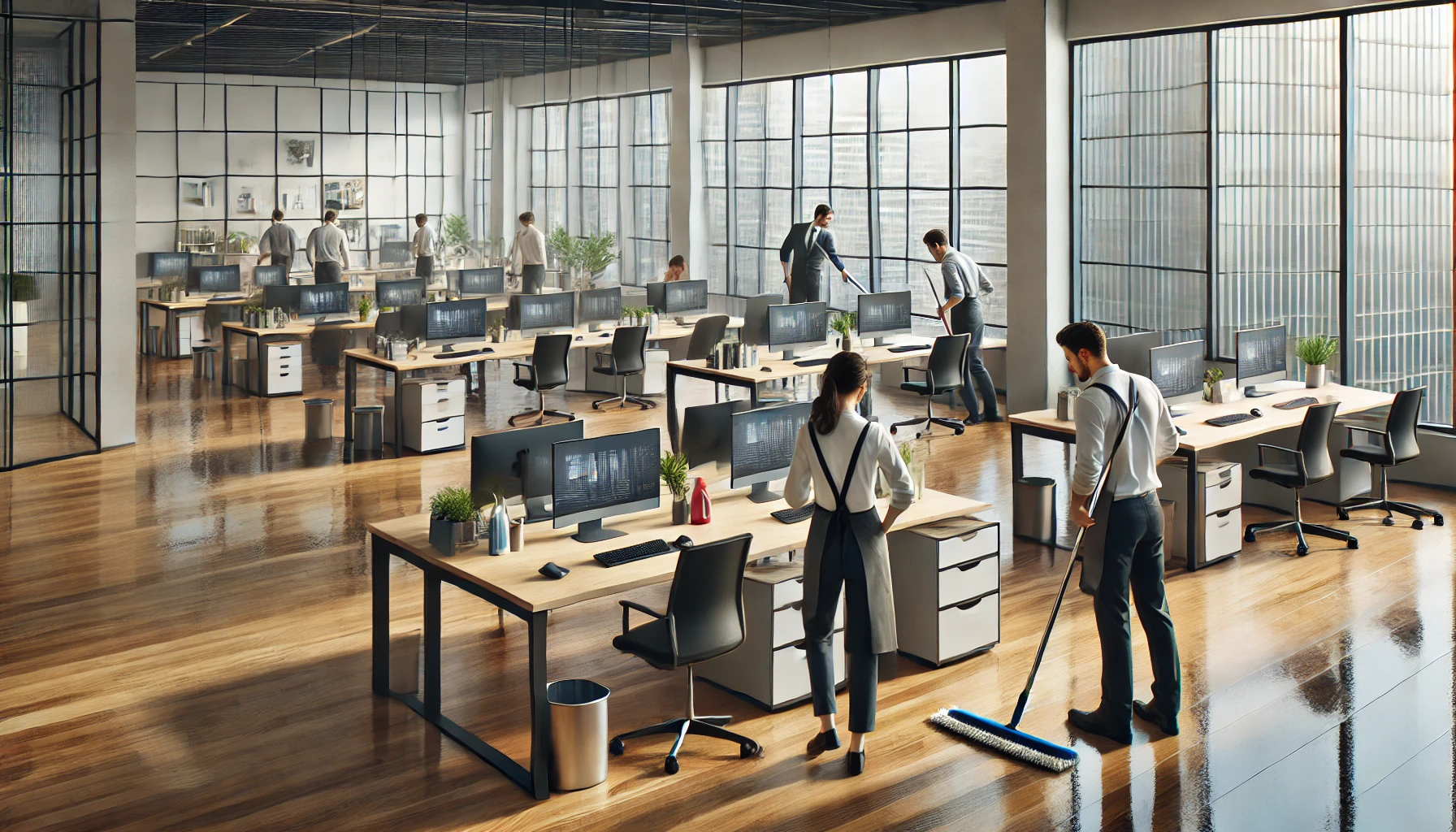 DALLE 2024-07-01 153204 - Multiple employees cleaning an office and windows modern professional office setting with sleek desks computers and large floor-to-ceiling windows gettyimages