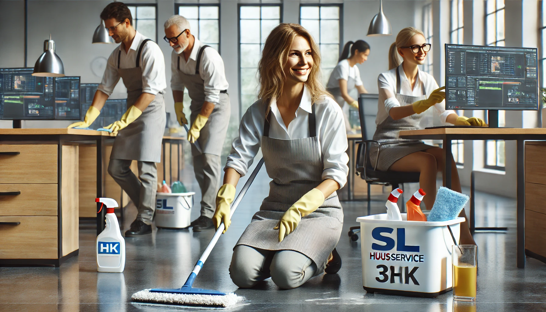 DALLE 2024-07-01 154159 - Cleaning team of middle-aged women and men for SL-HUUSSERVICE performing cleaning tasks in a modern office setting realistic style highly detailed team
